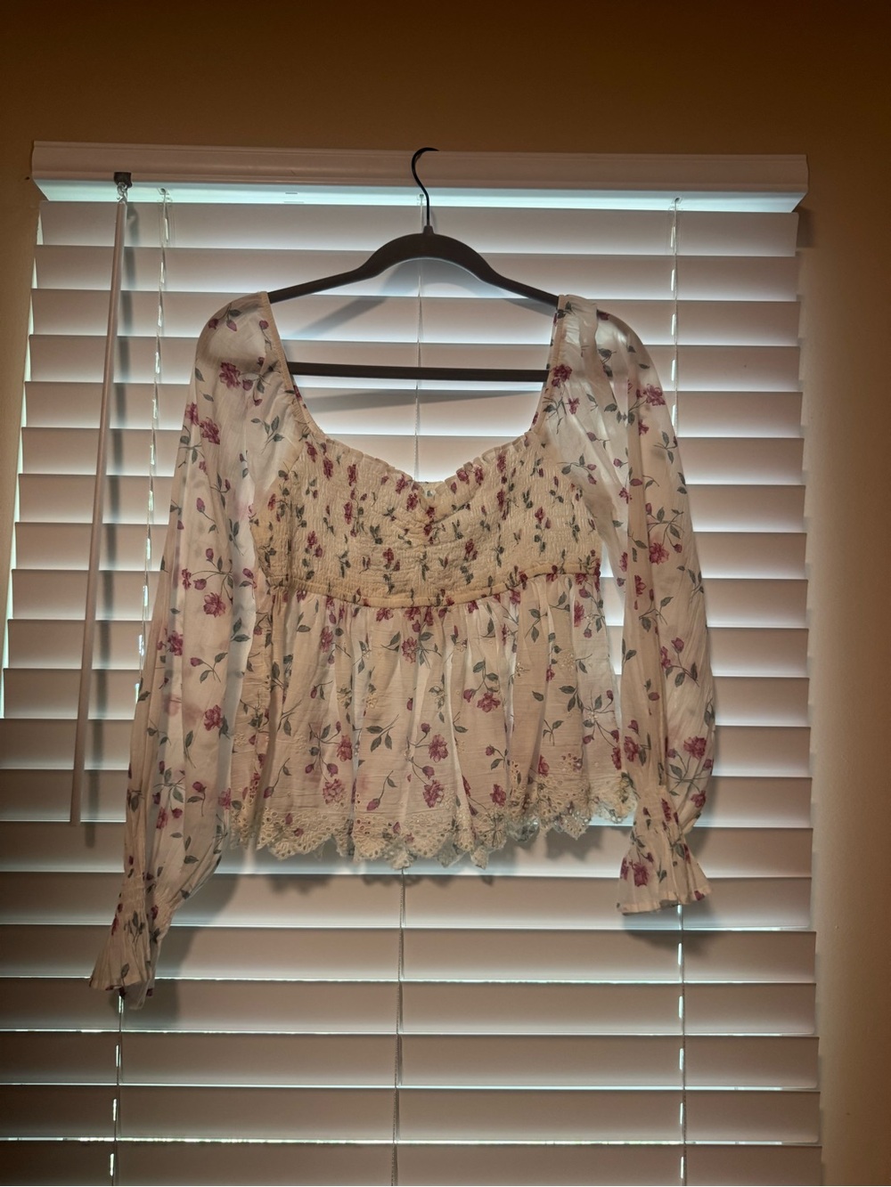American Eagle Outfitters White Floral Smocked Peasant Blouse